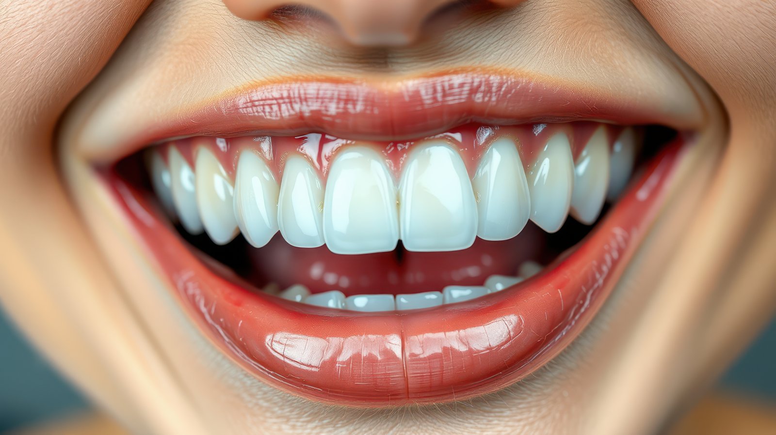 A close-up shot of a person's smile, showing bright, white teeth